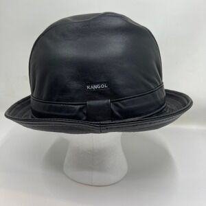 KANGOL 100% Plain Leather Player Hat Black Men's Large Fedora Style NWT